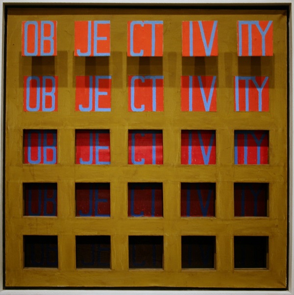 Brown frame of 5 x 5 boxes, top rows have letters inside spelling out word 'objectivity'