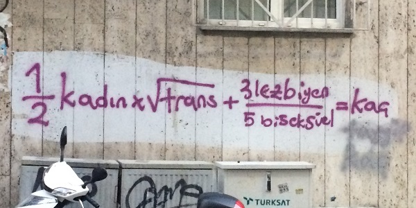 Graffiti on a wall in the form of a mathematical formula, text in Turkish.