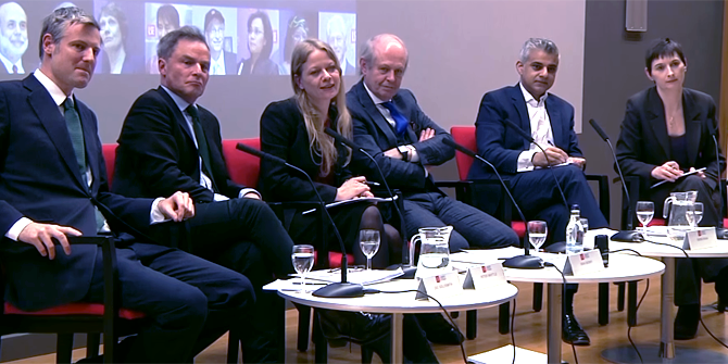 Sian Berry, Zac Goldsmith, Sadiq Khan, Caroline Pidgeon and Peter Whittle at the LSE's 28 January Mayoral hustings event.