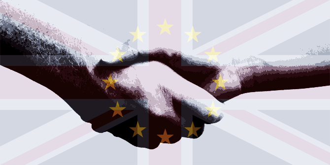 The British and EU flags overlayed over and image of a handshake