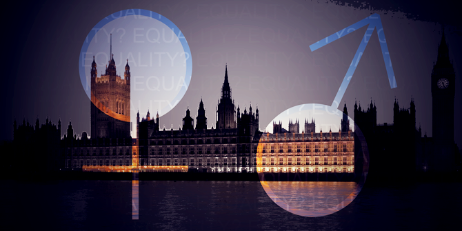 The female and male gender symbols superimposed over an image of the Palace of Westminster