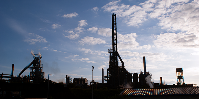Port Talbot Steel Works in South Wales silhouetted in the evening sun