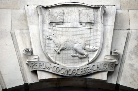 Coat of Arms above the entrance to LSE Old Building in Houghton Street. The beaver was adopted as the official mascot of the school in 1922, the same year the motto 'rerum cognoscere causas' was chosen – a line taken from Virgil’s Georgics meaning ‘to know the causes of things’.