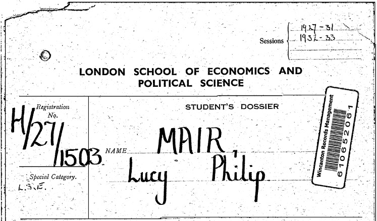 Lucy Mair's LSE student record