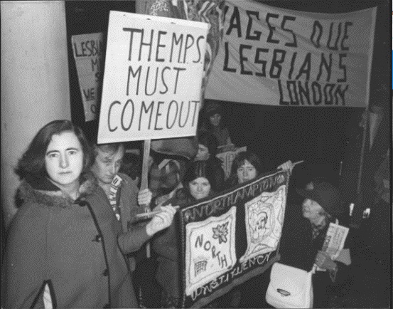 Maureen protesting with Gay Defence Committee December 1977. Credit Getty Images
