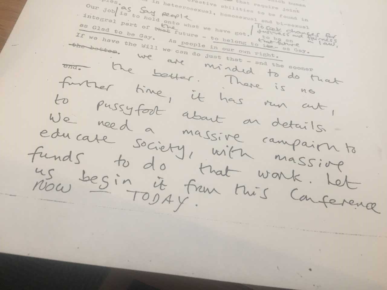 Maureen’s notes on speech delivered to Campaign for Homosexual Equality Conference August 1978. Credit LSE Library