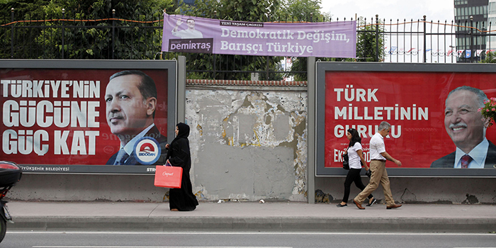 Billboards of Turkish Presidential candidates Recep Tayyip Erdoğan (L) and Ekmeleddin İhsanoğlu (R), Istanbul, 2014.