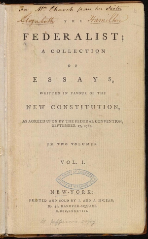 Title page of the first printing of the Federalist Papers, 1788. By Hamilton, Madison & Jay [Public domain], via Wikimedia Commons