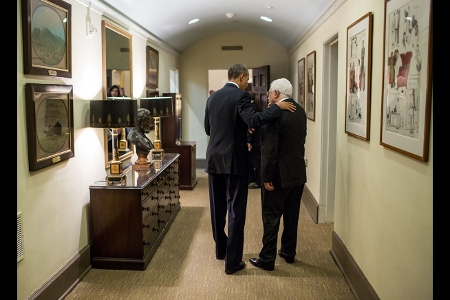 President Barack Obama tells Palestinian Authority President Mahmoud Abbas goodbye in a first floor hallway after concluding meetings in the West Wing of the White House, March 17, 2014. (Official White House Photo by Pete Souza)