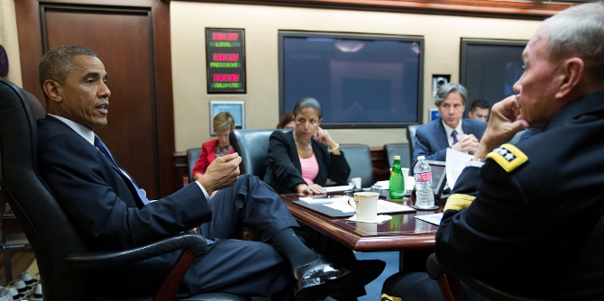 President Barack Obama meets with his national security advisors in the Situation Room of the White House, Aug. 7, 2014. (Official White House Photo by Pete Souza) 