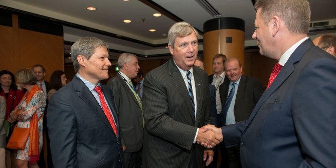 Agriculture Secretary Tom Vilsack greets Austrian Federal Minister of Agriculture, Forestry, Environment and Water Management Andrä Rupprechte with European Commission (EC) member in charge of Agriculture and Rural Development Dacian Cioloş standing to left at the informal working dinner on the Transatlantic Trade and Investment Partnership (TTIP) in Luxembourg on Monday, Jun. 16, 2014. Photo provided by European Commission.
